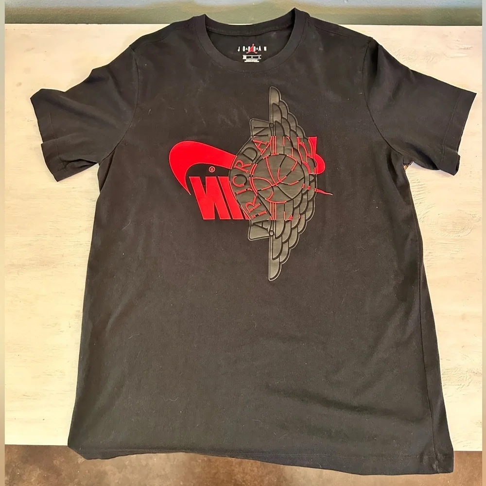 Jordan Black Tee with Red Winged Logo Nike Air upside down!🙃